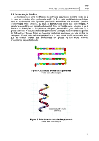 IFMT 
Profª. MSc. Cristiane Lopes Pinto Ferreira 2010 
12 
2.2 Desnaturação Protéica 
A desnaturação é uma modificação na estrutura secundária, terciária (união de 2 
ou mais secundárias) e/ou quaternária (união de 2 ou mais terciárias) das proteínas, 
sem o rompimento das ligações peptídicas envolvidas na estrutura primária 
(conformação mais simples), ou seja, a desnaturação altera sua conformação. A 
estrutura secundária, em espiral ou helicoidal, ficou conhecida como α-hélice, e ela é 
formada por interações do tipo ponte de hidrogênio, entre o H do grupo amino e o O do 
grupo carbonila. A estrutura helicoidal permite uma utilização mais eficiente das pontes 
de hidrogênio internas, todas as ligações peptídicas participam de tais pontes de 
hidrogênio. Porém, nem todos os polipeptídeos podem formar α-hélices estáveis, visto 
que as cadeias laterais dos aminoácidos (os grupos R) são muito reativas, 
prejudicando esta estabilidade. 
Figura 4. Estrutura primária das proteínas 
Fonte: www.fcfar.unesp.br 
Figura 5. Estrutura secundária das proteínas 
Fonte: www.fcfar.unesp.br 
 