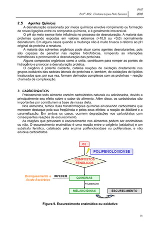 IFMT 
Profª. MSc. Cristiane Lopes Pinto Ferreira 2010 
16 
2.5 Agentes Químicos 
A desnaturação ocasionada por meios químicos envolve rompimento ou formação 
de novas ligações entre os compostos químicos, e é geralmente irreversível. 
O pH do meio exerce forte influência no processo de desnaturação. A maioria das 
proteínas quando expostas em valores extremos (>10,0 ou <3,0) normalmente 
desnaturam. Em alguns casos quando a mudança não é muito brusca o retorno ao pH 
original da proteína a renatura. 
A maioria dos solventes orgânicos pode atuar como agentes desnaturantes, pois 
são capazes de penetrar nas regiões hidrofóbicas, rompendo as interações 
hidrofóbicas e promovendo a desnaturação das proteínas. 
Alguns compostos orgânicos como a uréia, contribuem para romper as pontes de 
hidrogênio e provocar a desnaturação protéica. 
O oxigênio é potente oxidante, catalisa reações de oxidação diretamente nos 
grupos oxidáveis das cadeias laterais de proteínas e, também, de oxidações de lipídios 
insaturados que, por sua vez, formam derivados complexos com as proteínas – reação 
chamada de complexação. 
3. CARBOIDRATOS 
Praticamente todo alimento contém carboidratos naturais ou adicionados, devido a 
principalmente seu efeito sobre o sabor do alimento. Além disso, os carboidratos são 
importantes por constituírem a base de nossa dieta. 
Nos alimentos, temos duas transformações químicas envolvendo carboidratos que 
merecem destaque pela sua freqüência e pelos seus efeitos: a reação de Maillard e a 
caramelização. Em ambos os casos, ocorrem degradações nos carboidratos com 
conseqüentes reações de escurecimento. 
As reações que provocam o escurecimento nos alimentos podem ser enzimáticas 
ou não. O escurecimento enzimático é uma reação entre o oxigênio (oxidativa) e um 
substrato fenólico, catalisado pela enzima polifenoloxidase ou polifenolase, e não 
envolve carboidratos. 
Figura 9. Escurecimento enzimático ou oxidativo 
 