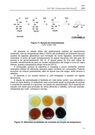 IFMT 
Profª. MSc. Cristiane Lopes Pinto Ferreira 2010 
20 
Figura 11. Reação de Caramelização 
Fonte: Cheftel, 1992 
Os açúcares no estado sólido são relativamente estáveis ao aquecimento 
moderado, mas em temperaturas altas (>120ºC) são pirolisados em polímeros escuros 
(quebra de ligações glicosídicas com formação de novas ligações), denominados 
caramelos. O ponto de fusão (amolecimento) do açúcar (sacarose com alto grau de 
pureza) é de aproximadamente 189 ºC. O açúcar passa de tons bem claros de 
amarelo, transformando-se para um durado característico até chegar a uma cor negra 
intensa, quando a temperatura atingir cerca de 210 ºC. 
A composição química do pigmento é complexa e pouco conhecida, embora 
caramelos obtidos de diferentes açúcares sejam similares em composição. Pode-se 
encontrar na mistura caramelizada, além do açúcar que não reagiu, ácido pirúvico e 
aldeídos. 
O caramelo é um corante marrom e, com limitações, é também um agente 
flavorizante. 
A reação de caramelização é facilitada em meio ácido, porém, sua velocidade é 
maior em meio alcalino. O carboidrato mais comumente usado na produção de aromas 
e corantes de caramelo é a sacarose, via reação de caramelização. Ela é aquecida em 
solução com ácido para produção de vários alimentos e bebidas, como por exemplo, 
refrigerante tipo “cola”, conhaque e cerveja. 
Figura 12. Diferentes tonalidades do caramelo em função da temperatura 
 