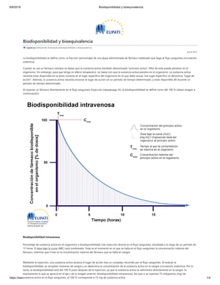 8/8/2018 Biodisponibilidad y bioequivalencia
https://www.printfriendly.com/p/g/55fbqg 1/4
July 8, 2015
Biodisponibilidad y bioequivalencia
eupati.eu/es/desarrollo-farmaceutico/biodisponibilidad-y-bioequivalencia/
La biodisponibilidad se define como: la fracción (porcentaje) de una dosis administrada de fármaco inalterado que llega al flujo sanguíneo (circulación
sistémica).
Cuando se usa un fármaco siempre se desea que la sustancia activa (también denominada “principio activo” (PA)) de este pueda penetrar en el
organismo. Sin embargo, para que tenga un efecto terapéutico, no basta con que la sustancia activa penetre en el organismo. La sustancia activa
necesita estar disponible en la dosis correcta en el lugar específico del organismo en el que debe actuar. Ese lugar específico se denomina “lugar de
acción”. Además, la sustancia activa necesita alcanzar el lugar de acción en un periodo de tiempo determinado, y estar disponible allí durante un
periodo de tiempo determinado.
Al inyectar un fármaco directamente en el flujo sanguíneo (inyección intravenosa, IV), la biodisponibilidad se define como del 100 % (véase imagen a
continuación).
Biodisponibilidad intravenosa
Porcentaje de sustancia activa en el organismo o biodisponibilidad, tras inyección directa en el flujo sanguíneo, estudiada a lo largo de un periodo de
15 horas. El área bajo la curva (ABC) está sombreada. Tmáx es el momento en el que se halla en el flujo sanguíneo la concentración máxima del
fármaco, mientras que Cmáx es la concentración máxima del fármaco que se halla en sangre.
Mediante la inyección, una sustancia activa alcanza el lugar de acción tras un complejo recorrido por el flujo sanguíneo. Al evaluar la
biodisponibilidad, se recopilan muestras de sangre y se determina la concentración de la sustancia activa en la sangre (circulación sistémica). Por lo
tanto, la biodisponibilidad será del 100 % justo después de la inyección, ya que la sustancia activa se administra directamente en la sangre. Es
exactamente lo que se aprecia en el eje y de la imagen anterior (biodisponibilidad intravenosa). Así que si se inyectan 75 miligramos (mg) de
sustancia activa en el flujo sanguíneo, el 100 % corresponde a 75 mg de sustancia activa.
 