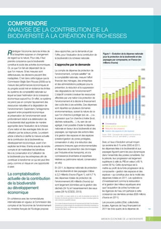 COMPRENDRE
ANALYSE DE LA CONTRIBUTION DE LA
BIODIVERSITÉ À LA CRÉATION DE RICHESSES

La comptabilisation
actuelle de la contribution
de la biodiversité
au développement
économique
En cohérence avec les nomenclatures
internationales en vigueur, la Commission des
comptes et de l’économie de l’environnement
du ministère français de l’Ecologie propose

En 2011, la dépense nationale de protection
de la biodiversité et des paysages s’élève
à 2,2 milliards d’euros (Figure 1), soit 4,7 %
des dépenses totales de protection de
l’environnement (46 milliards d’euros) qui
sont largement dominées par la gestion des
déchets (34 %) et l’assainissement des eaux
usées (28 %) (CGDD, 2013).
(1) Selon l’INSEE, un compte satellite est un cadre de présentation des données de
l’économie d’un domaine particulier en relation avec l’analyse économique globale du
cadre central de la comptabilité nationale.
(2) Le compte de dépense de protection de l’environnement fait l’objet d’une description
normalisée par le système européen de rassemblement de l’information économique sur
l’environnement (Seriee). Les différents types de dépenses sont issus de la nomenclature
d’activités CEPA 2000 d’Eurostat.

2500

2000

1500

1000

2010

2011

2009

2008

2007

2006

(sd)

„„
„„
„„
„„

2005

500

2004

Le compte de dépense de protection de
l’environnement, compte satellite(1) de
la comptabilité nationale, mesure l’effort
financier des ménages, des entreprises
et des administrations publiques pour la
prévention, la réduction et la suppression
des dégradations de l’environnement(2).
L’objectif consiste à évaluer les ressources
affectées par une nation à la protection de
l’environnement et à décrire le financement
des coûts liés à ces activités. Ces dépenses
sont réparties sur plusieurs domaines
environnementaux, suivant la nature de ce
que l’on cherche à protéger (sol, air,…) ou
la pression que l’on cherche à traiter (bruit,
déchets radioactifs,…). Au sein de cet
agrégat, il est possible d’isoler la dépense
nationale en faveur de la biodiversité et des
paysages, qui regroupe des actions liées
à la gestion des espaces et des espèces
(création/gestion de zones protégées,
conservation in situ), à la réduction des
pressions (mesures agro-environnementales
et dépenses de prévention des dommages
par l’industrie et les transports), et à la
connaissance (inventaires et expertises
relatives au patrimoine naturel, conservation
ex situ).

2003

L’approche par la demande

Figure 1 - Evolution de la dépense nationale
pour la protection de la biodiversité et des
paysages par composante, en France (en
millions d’euros)

2002

deux approches, par la demande et par
l’offre, pour l’évaluation de la contribution de
la biodiversité à la richesse nationale.

2001

éintégrer l’économie dans les limites de
la biosphère suppose un changement
de regard sur la nature. Pour cela, il faut
prendre conscience que la biodiversité
constitue le socle des activités économiques.
Or, ce que l’on fait est dépendant de ce
que l’on mesure. Si les mesures sont
défectueuses, les décisions peuvent être
inadaptées. C’est dans cette logique que la
Commission Stigliz-Sen-Fitoussi (2009) sur la
mesure des performances économiques et
du progrès social met en évidence les limites
du système de comptabilité nationale sur
lequel se base l’estimation de la croissance
économique aujourd’hui. En effet, ce système
ne prend pas en compte l’épuisement des
ressources naturelles et la dégradation de
l’environnement. Cependant, l’antagonisme
apparent entre prospérité économique
et préservation de l’environnement serait
profondément réduit si la détérioration de
la biodiversité était appréciée de manière
appropriée dans l’évaluation de la richesse
d’une nation et des avantages tirés de son
utilisation par les acteurs privés. Le présent
article s’attache à clarifier la mesure actuelle
de la contribution de la biodiversité au
développement économique, avant d’en
expliciter les limites. Il tente ensuite de rendre
compte et de matérialiser les bénéfices
liés à la conservation et à l’utilisation de
la biodiversité pour les entreprises afin de
contribuer à transformer ce qui est peut être
perçu comme un risque en une opportunité
à saisir.

2000

R

0

(p)

Connaissance
Autres actions de protection
Réduction des pressions
Gestion des espaces et des espèces

Source : SOeS - Commission des comptes et de l’économie de
l’environnement, 2013. sd : semi-définitif ; p : provisoire

Avec un taux d’évolution annuel moyen
qui avoisine les 6 % entre 2000 et 2011,
les dépenses liées à la biodiversité et aux
paysages figurent parmi les plus dynamiques
dans l’ensemble des postes considérés. Sur
la période, leur progression est largement
supérieure à celle du PIB en valeur (+85 %
contre 39 %). Cette dynamique est à
mettre au profit de la forte progression de la
composante « gestion des espaces et des
espèces » qui constitue plus de la moitié des
dépenses totales en 2011. Les opérations
d’investissement comme la restauration
et la gestion des milieux aquatiques ainsi
que l’acquisition de zones humides par
les Agences de l’eau ont participé à cette
croissance ces dernières années (638 millions
d’euros en 2011).
Les pouvoirs publics (Etat, collectivités
locales, Agences de l’eau) financaient en
2011 les trois quarts de la dépense de

MISSION ÉCONOMIE DE LA BIODIVERSITÉ

7

 