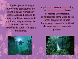 Colombia posee el mayor
numero de ecosistemas del
mundo: selvas húmedas y
secas, sabanas, bosques de
clima templado, bosques alto
andinos, bosques de niebla,
ramos, os, costas,
arrecifes de coral, nagas y
manglares.
Aqui n la selva nica,
el fico y
el Macizo Colombiano,
consideradas como unas de las
áreas con mayor riqueza
biológica y con mayor cantidad
de especies micas del
planeta.
 