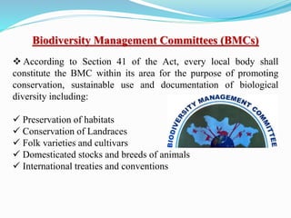Biodiversity Management Committees (BMCs)
 According to Section 41 of the Act, every local body shall
constitute the BMC within its area for the purpose of promoting
conservation, sustainable use and documentation of biological
diversity including:
 Preservation of habitats
 Conservation of Landraces
 Folk varieties and cultivars
 Domesticated stocks and breeds of animals
 International treaties and conventions
 
