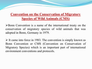 Convention on the Conservation of Migratory
Species of Wild Animals (CMS)
Bonn Convention is a name of the international treaty on the
conservation of migratory species of wild animals that was
adopted in Bonn, Germany in 1979.
 It came into force in 1983. The convention is simply known as
Bonn Convention or CMS (Convention on Conservation of
Migratory Species) which is an important part of international
environment conventions and protocols.
 
