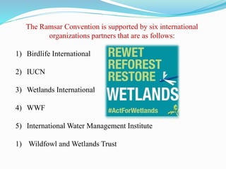 The Ramsar Convention is supported by six international
organizations partners that are as follows:
1) Birdlife International
2) IUCN
3) Wetlands International
4) WWF
5) International Water Management Institute
1) Wildfowl and Wetlands Trust
 