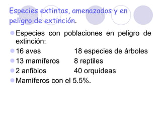 Especies extintas, amenazados y en peligro de extinción . Especies con poblaciones en peligro de extinción: 16 aves 18 especies de árboles 13 mamíferos 8 reptiles 2 anfibios 40 orquídeas Mamíferos con el 5.5%. 