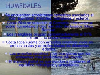 HUMEDALES Se encuentran ecosistemas terrestres asociados al mar. Ejemplos: Arrecifes, manglares y esteros. Costa Rica se suscribió al Convenio Internacional sobre humedales y diez han sido declarados Sitios Ramsar.  Los manglares ocupan aproximadamente el 01% del territorio costarricense. Costa Rica cuenta con arrecifes coralinos vivos en ambas costas y arrecifes fósiles de diferentes edades. Los arrecifes coralinos y los manglares son los ambientes más productivos del mundo. El impacto global es que ayudan a mantener el equilibrio hidrológico y atmosférico. 