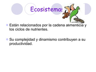 Ecosistemas: Están relacionados por la cadena alimenticia y los ciclos de nutrientes.  Su complejidad y dinamismo contribuyen a su productividad.  