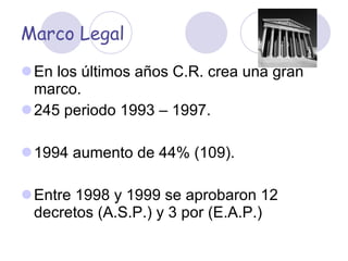 Marco Legal En los últimos años C.R. crea una gran marco. 245 periodo 1993 – 1997. 1994 aumento de 44% (109). Entre 1998 y 1999 se aprobaron 12 decretos (A.S.P.) y 3 por (E.A.P.) 