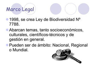 Marco Legal 1998, se crea Ley de Biodiversidad Nº 7788. Abarcan temas, tanto socioeconómicos,  culturales, científicos-técnicos y de gestión en general. Pueden ser de ámbito: Nacional, Regional o Mundial.  