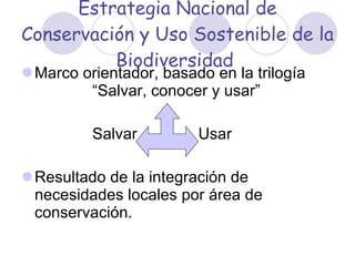 Estrategia Nacional de Conservación y Uso Sostenible de la Biodiversidad  Marco orientador, basado en la trilogía  “Salvar, conocer y usar”    Salvar   Usar Resultado de la integración de necesidades locales por área de conservación. 