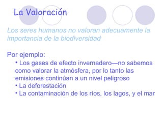 La Valorac ió n Los seres humanos no valoran adecuamente la importancia de la biodiversidad Por ejemplo: Los gases de efecto invernadero—no sabemos como valorar la  atmósfera, por lo tanto las emisiones continúan  a un nivel peligroso La deforestaci ón La contaminación de los ríos, los lagos, y el mar 