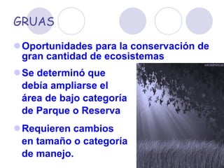 GRUAS Oportunidades para la conservación de gran cantidad de ecosistemas Se determinó que  debía ampliarse el  área de bajo categoría  de Parque o Reserva Requieren cambios en tamaño o categoría  de manejo. 
