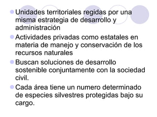 Unidades territoriales regidas por una misma estrategia de desarrollo y administración Actividades privadas como estatales en materia de manejo y conservación de los recursos naturales Buscan soluciones de desarrollo sostenible conjuntamente con la sociedad civil.  Cada área tiene un numero determinado de especies silvestres protegidas bajo su cargo.  