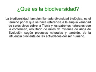 ¿Qué es la biodiversidad? La biodiversidad, también llamada diversidad biológica, es el término por el que se hace referencia a la amplia variedad de seres vivos sobre la Tierra y los patrones naturales que la conforman, resultado de miles de millones de años de Evolución según procesos naturales y también, de la influencia creciente de las actividades del ser humano.  