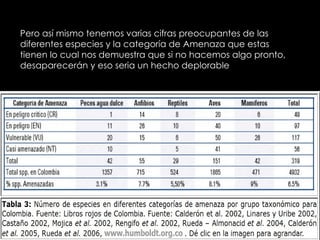 Pero así mismo tenemos varias cifras preocupantes de las
diferentes especies y la categoría de Amenaza que estas
tienen lo cual nos demuestra que si no hacemos algo pronto,
desaparecerán y eso seria un hecho deplorable