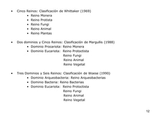 •   Cinco Reinos: Clasificación de Whittaker (1969)
          • Reino Monera
          • Reino Protista
          • Reino Fungi
          • Reino Animal
          • Reino Plantas

•   Dos dominios y Cinco Reinos: Clasificación de Margullis (1988)
          • Dominio Procariota: Reino Monera
          • Dominio Eucariota: Reino Protoctista
                                Reino Fungi
                                 Reino Animal
                                 Reino Vegetal

•   Tres Dominios y Seis Reinos: Clasificación de Woese (1990)
          • Dominio Arqueobacteria: Reino Arqueobacterias
          • Dominio Bacteria: Reino Bacterias
          • Dominio Eucariota: Reino Protoctista
                                 Reino Fungi
                                 Reino Animal
                                 Reino Vegetal


                                                                     12
 