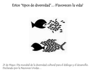 Estos “tipos de diversidad”... ¿Favorecen la vida?




21 de Mayo: Día mundial de la diversidad cultural para el diálogo y el desarrollo.
Declarado por la Naciones Unidas…
 