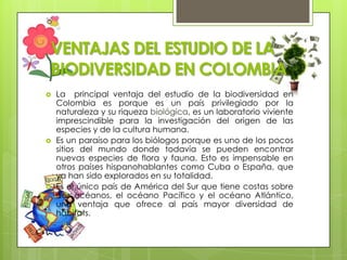 VENTAJAS DEL ESTUDIO DE LA
BIODIVERSIDAD EN COLOMBIA
   La principal ventaja del estudio de la biodiversidad en
    Colombia es porque es un país privilegiado por la
    naturaleza y su riqueza biológica, es un laboratorio viviente
    imprescindible para la investigación del origen de las
    especies y de la cultura humana.
   Es un paraíso para los biólogos porque es uno de los pocos
    sitios del mundo donde todavía se pueden encontrar
    nuevas especies de flora y fauna. Esto es impensable en
    otros países hispanohablantes como Cuba o España, que
    ya han sido explorados en su totalidad.
   Es el único país de América del Sur que tiene costas sobre
    dos océanos, el océano Pacífico y el océano Atlántico,
    una ventaja que ofrece al país mayor diversidad de
    hábitats.
 
