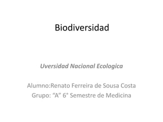 Biodiversidad


    Uversidad Nacional Ecologica

Alumno:Renato Ferreira de Sousa Costa
 Grupo: “A” 6° Semestre de Medicina
 