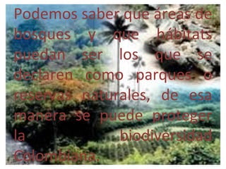 Podemos saber que áreas de
bosques y que hábitats
puedan ser los que se
declaren como parques o
reservas naturales, de esa
manera se puede proteger
la            biodiversidad
Colombiana.
 