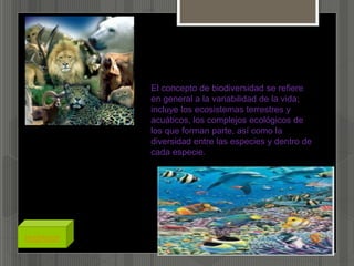 El concepto de biodiversidad se refiere
en general a la variabilidad de la vida;
incluye los ecosistemas terrestres y
acuáticos, los complejos ecológicos de
los que forman parte, así como la
diversidad entre las especies y dentro de
cada especie.
regresar
 