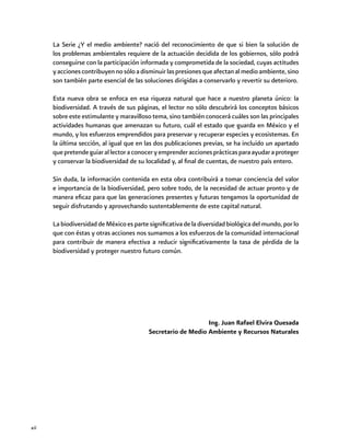 xii
La Serie ¿Y el medio ambiente? nació del reconocimiento de que si bien la solución de
los problemas ambientales requiere de la actuación decidida de los gobiernos, sólo podrá
conseguirse con la participación informada y comprometida de la sociedad, cuyas actitudes
yaccionescontribuyennosóloadisminuirlaspresionesqueafectanalmedioambiente,sino
son también parte esencial de las soluciones dirigidas a conservarlo y revertir su deterioro.
Esta nueva obra se enfoca en esa riqueza natural que hace a nuestro planeta único: la
biodiversidad. A través de sus páginas, el lector no sólo descubrirá los conceptos básicos
sobre este estimulante y maravilloso tema, sino también conocerá cuáles son las principales
actividades humanas que amenazan su futuro, cuál el estado que guarda en México y el
mundo, y los esfuerzos emprendidos para preservar y recuperar especies y ecosistemas. En
la última sección, al igual que en las dos publicaciones previas, se ha incluido un apartado
quepretendeguiarallectoraconoceryemprenderaccionesprácticasparaayudaraproteger
y conservar la biodiversidad de su localidad y, al final de cuentas, de nuestro país entero.
Sin duda, la información contenida en esta obra contribuirá a tomar conciencia del valor
e importancia de la biodiversidad, pero sobre todo, de la necesidad de actuar pronto y de
manera eficaz para que las generaciones presentes y futuras tengamos la oportunidad de
seguir disfrutando y aprovechando sustentablemente de este capital natural.
La biodiversidad de México es parte significativa de la diversidad biológica del mundo, por lo
que con éstas y otras acciones nos sumamos a los esfuerzos de la comunidad internacional
para contribuir de manera efectiva a reducir significativamente la tasa de pérdida de la
biodiversidad y proteger nuestro futuro común.
Ing. Juan Rafael Elvira Quesada
Secretario de Medio Ambiente y Recursos Naturales
 