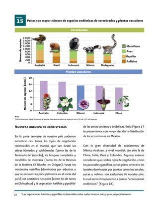 26
Vertebrados
Australia MadagascarMéxicoIndonesiaBrasil
15
Figura
Países con mayor número de especies endémicas de vertebrados y plantas vasculares
Nuestra riqueza de ecosistemas
En la parte terrestre de nuestro país podemos
encontrar casi todos los tipos de vegetación
reconocidos en el mundo, que van desde las
selvas húmedas y subhúmedas (como las de la
Península de Yucatán), los bosques templados y
mesófilos de montaña (como los de la Reserva
de la Biosfera El Triunfo, en Chiapas), hasta los
matorrales xerófilos (dominados por arbustos y
que se encuentran principalmente en el norte del
país), los pastizales naturales (como los de Janos
en Chihuahua) y la vegetación halófila y gipsófila6
de las zonas costeras y desérticas. En la Figura 17
te presentamos con mayor detalle la distribución
de los ecosistemas en México.
Con la gran diversidad de ecosistemas de
México rivalizan, a nivel mundial, tan sólo la de
China, India, Perú y Colombia. Algunos autores
consideran que ciertos tipos de vegetación, como
los pastizales gipsófilos del altiplano central o los
izotales dominados por plantas como los sotoles,
yucas y nolinas, son exclusivos de nuestro país,
lo cual sería el equivalente a poseer “ecosistemas
endémicos” (Figura 18).
Plantas vasculares
20
16
12
8
4
0
Númerodeespecies(miles)
Australia México IndonesiaColombia China
6
Las vegetaciones halófilas y gipsófilas se desarrollan sobre suelos ricos en sales y yeso, respectivamente.
1 800
1 600
1 400
1 200
1 000
800
600
400
200
0
Númerodeespecies
Nota:
1
Las estimaciones sobre el número de plantas vasculares endémicas reportan entre 10 mil y 15 mil especies.
1
 