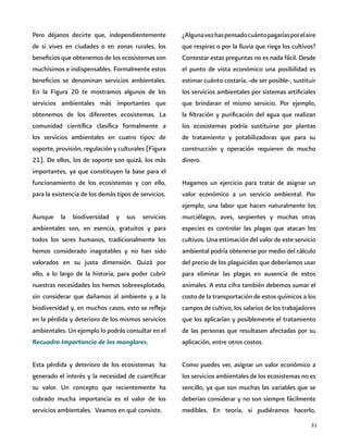 31
Pero déjanos decirte que, independientemente
de si vives en ciudades o en zonas rurales, los
beneficios que obtenemos de los ecosistemas son
muchísimos e indispensables. Formalmente estos
beneficios se denominan servicios ambientales.
En la Figura 20 te mostramos algunos de los
servicios ambientales más importantes que
obtenemos de los diferentes ecosistemas. La
comunidad científica clasifica formalmente a
los servicios ambientales en cuatro tipos: de
soporte, provisión, regulación y culturales (Figura
21). De ellos, los de soporte son quizá, los más
importantes, ya que constituyen la base para el
funcionamiento de los ecosistemas y con ello,
para la existencia de los demás tipos de servicios.
Aunque la biodiversidad y sus servicios
ambientales son, en esencia, gratuitos y para
todos los seres humanos, tradicionalmente los
hemos considerado inagotables y no han sido
valorados en su justa dimensión. Quizá por
ello, a lo largo de la historia, para poder cubrir
nuestras necesidades los hemos sobreexplotado,
sin considerar que dañamos al ambiente y a la
biodiversidad y, en muchos casos, esto se refleja
en la pérdida y deterioro de los mismos servicios
ambientales. Un ejemplo lo podrás consultar en el
Recuadro Importancia de los manglares.
Esta pérdida y deterioro de los ecosistemas ha
generado el interés y la necesidad de cuantificar
su valor. Un concepto que recientemente ha
cobrado mucha importancia es el valor de los
servicios ambientales. Veamos en qué consiste.
¿Algunavezhaspensadocuántopagaríasporelaire
que respiras o por la lluvia que riega los cultivos?
Contestar estas preguntas no es nada fácil. Desde
el punto de vista económico una posibilidad es
estimar cuánto costaría, -de ser posible-, sustituir
los servicios ambientales por sistemas artificiales
que brindaran el mismo servicio. Por ejemplo,
la filtración y purificación del agua que realizan
los ecosistemas podría sustituirse por plantas
de tratamiento y potabilizadoras que para su
construcción y operación requieren de mucho
dinero.
Hagamos un ejercicio para tratar de asignar un
valor económico a un servicio ambiental. Por
ejemplo, una labor que hacen naturalmente los
murciélagos, aves, serpientes y muchas otras
especies es controlar las plagas que atacan los
cultivos. Una estimación del valor de este servicio
ambiental podría obtenerse por medio del cálculo
del precio de los plaguicidas que deberíamos usar
para eliminar las plagas en ausencia de estos
animales. A esta cifra también debemos sumar el
costo de la transportación de estos químicos a los
campos de cultivo, los salarios de los trabajadores
que los aplicarían y posiblemente el tratamiento
de las personas que resultasen afectadas por su
aplicación, entre otros costos.
Como puedes ver, asignar un valor económico a
los servicios ambientales de los ecosistemas no es
sencillo, ya que son muchas las variables que se
deberían considerar y no son siempre fácilmente
medibles. En teoría, si pudiéramos hacerlo,
 
