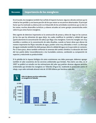 36
Importancia de los manglaresRecuadro
En el mundo, los manglares también han sufrido el impacto humano: algunos cálculos estiman que la
mitad se han perdido y una buena porción de los que restan se encuentran deteriorados. El principal
factor que ha motivado su destrucción es el desarrollo de las actividades económicas que se dan en
las costas; muchos desarrollos turísticos y urbanos actuales así como granjas camaronícolas están
sobre lo que antes fueron manglares.
Otro agente de deterioro importante es la construcción de presas y obras de riego en las cuencas
de los ríos que los alimentan de agua dulce, las cuales modifican la cantidad y calidad del agua
(particularmente la concentración de sales) que llega a los manglares. Como los mangles son muy
sensibles a cambios en la concentración de sales disueltas, cuando se hacen obras que alteran de
manera importante los flujos naturales de agua, pueden verse muy afectados o morir. La descarga
de aguas residuales también los daña porque altera la calidad del agua con la que están en contacto.
Por si fuera poco, ahora también enfrentan la amenaza del cambio climático: la elevación del nivel
del mar podría dañar irreversiblemente a los humedales costeros, cambiando su composición de
especies y reduciendo su productividad.
Si la pérdida de la riqueza biológica de estos ecosistemas nos debe preocupar, debemos agregar
también el valor económico de los servicios ambientales que brindan. Para darte una idea, en el
2007 se publicó un estudio con las estimaciones del valor que podrían alcanzar algunos servicios
ambientales que brindan los manglares en Tailandia (Figura b), resaltando la protección contra el
oleaje, cuyo valor estimado alcanzó más de 10 000 dólares por hectárea cada año.
Valor de algunos servicios ambientales
en manglares de Tailandiab
Figura
Valor(dólares
anualesporhectárea)
Servicio ambiental
12 000
10 000
8 000
6 000
4 000
2 000
0
Proteccióncontraeloleaje
Control
dela
erosión
Mantenimiento
delaspesquerías
Proveedoresde
materiaprimay
alimento
 