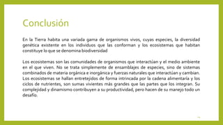 Conclusión
14
En la Tierra habita una variada gama de organismos vivos, cuyas especies, la diversidad
genética existente en los individuos que las conforman y los ecosistemas que habitan
constituye lo que se denomina biodiversidad
Los ecosistemas son las comunidades de organismos que interactúan y el medio ambiente
en el que viven. No se trata simplemente de ensamblajes de especies, sino de sistemas
combinados de materia orgánica e inorgánica y fuerzas naturales que interactúan y cambian.
Los ecosistemas se hallan entretejidos de forma intrincada por la cadena alimentaría y los
ciclos de nutrientes, son sumas vivientes más grandes que las partes que los integran. Su
complejidad y dinamismo contribuyen a su productividad, pero hacen de su manejo todo un
desafío.
 