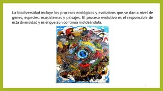 La biodiversidad incluye los procesos ecológicos y evolutivos que se dan a nivel de
genes, especies, ecosistemas y paisajes. El proceso evolutivo es el responsable de
esta diversidad y es el que aún continúa moldeándola.
5
 
