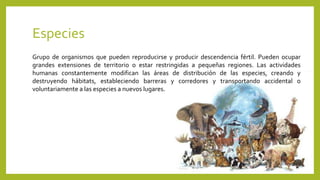 Especies
Grupo de organismos que pueden reproducirse y producir descendencia fértil. Pueden ocupar
grandes extensiones de territorio o estar restringidas a pequeñas regiones. Las actividades
humanas constantemente modifican las áreas de distribución de las especies, creando y
destruyendo hábitats, estableciendo barreras y corredores y transportando accidental o
voluntariamente a las especies a nuevos lugares.
8
 