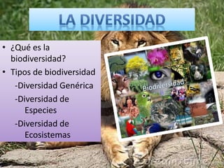 • ¿Qué es la
biodiversidad?
• Tipos de biodiversidad
-Diversidad Genérica
-Diversidad de
Especies
-Diversidad de
Ecosistemas
 