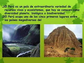 El Perú es un país de extraordinaria variedad de
recursos vivos y ecosistemas, que hoy se conocen como
diversidad planeta. biológica o biodiversidad.
El Perú ocupa uno de los cinco primeros lugares entre
los países megadiversos del
 