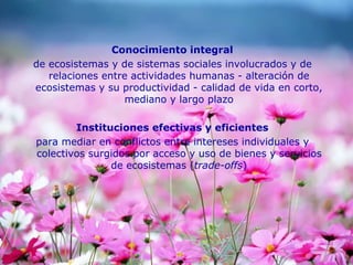 Conocimiento integral
de ecosistemas y de sistemas sociales involucrados y de
relaciones entre actividades humanas - alteración de
ecosistemas y su productividad - calidad de vida en corto,
mediano y largo plazo
Instituciones efectivas y eficientes
para mediar en conflictos entre intereses individuales y
colectivos surgidos por acceso y uso de bienes y servicios
de ecosistemas (trade-offs)
 