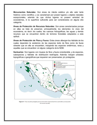 Monumentos Naturales: Son áreas de interés estético y/o alto valor tanto
histórico como científico, y se caracterizan por poseer lugares u objetos naturales
excepcionales, además de que dichos lugares no poseen variedad de
ecosistemas, ni la superficie suficiente para ser considerados en alguna otra
categoría.
Áreas de Protección de Recursos Naturales: Son zonas caracterizadas porque
en ellas se trata de preservar, principalmente, los elementos no vivos del
ecosistema, es decir; los suelos, las cuencas hidrográficas, las aguas y demás
recursos que se encuentran dentro de terrenos forestales adaptados a esta
aptitud.
Áreas de Protección de Flora y Fauna: Estas áreas albergan los hábitats de los
cuales dependen la existencia de las especies tanto de flora como de fauna
silvestre que en ella se encuentran, incluyendo las especies endémicas, raras y
aquellas que se encuentran en alguna categoría de la NOM.
Santuarios: Son lugares con riqueza de flora y fauna considerable, y de especies,
subespecies y hábitats de distribución restringida. Además incluyen unidades
topográficas o geográficas que requieren ser preservadas y/o protegidas.
 
