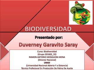 Curso: Biodiversidad
                 (Grupo 201602_32)
        RAMON ANTONIO MOSQUERA MENA
                  (Director Nacional)
                        UNAD
     (Universidad Nacional Abierta Y a Distancia)
Técnico Profesional En Producción De Palma De Aceite
 