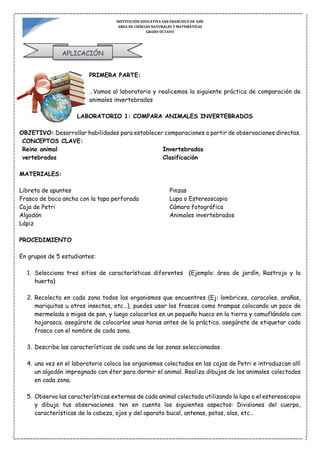 INSTITUCIÓN EDUCATIVA SAN FRANCISCO DE ASÍS
AREA DE CIENCIAS NATURALES Y MATEMÁTICAS
GRADO OCTAVO
APLICACIÓN
PRIMERA PARTE:
…Vamos al laboratorio y realicemos la siguiente práctica de comparación de
animales invertebrados
LABORATORIO 1: COMPARA ANIMALES INVERTEBRADOS
OBJETIVO: Desarrollar habilidades para establecer comparaciones a partir de observaciones directas.
CONCEPTOS CLAVE:
Reino animal Invertebrados
vertebrados Clasificación
MATERIALES:
Libreta de apuntes
Frasco de boca ancha con la tapa perforada
Caja de Petri
Algodón
Lápiz
Pinzas
Lupa o Estereoscopio
Cámara fotográfica
Animales invertebrados
PROCEDIMIENTO
En grupos de 5 estudiantes:
1. Selecciona tres sitios de características diferentes (Ejemplo: área de jardín, Rastrojo y la
huerta)
2. Recolecta en cada zona todos los organismos que encuentres (Ej: lombrices, caracoles, arañas,
mariquitas u otros insectos, etc…), puedes usar los frascos como trampas colocando un poco de
mermelada o migas de pan, y luego colocarlos en un pequeño hueco en la tierra y camuflándolo con
hojarasca. asegúrate de colocarlos unas horas antes de la práctica. asegúrate de etiquetar cada
frasco con el nombre de cada zona.
3. Describe las características de cada una de las zonas seleccionadas.
4. una vez en el laboratorio coloca los organismos colectados en las cajas de Petri e introduzcan allí
un algodón impregnado con éter para dormir el animal. Realiza dibujos de los animales colectados
en cada zona.
5. Observa las características externas de cada animal colectado utilizando la lupa o el estereoscopio
y dibuja tus observaciones. ten en cuenta los siguientes aspectos: Divisiones del cuerpo,
características de la cabeza, ojos y del aparato bucal, antenas, patas, alas, etc…
 
