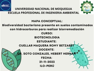 UNIVERSIDAD NACIONAL DE MOQUEGUA
ESCUELA PROFESIONAL DE INGENIERIA AMBIENTAL
MAPA CONCEPTUAL:
Biodiversidad bacteriana presente en suelos contaminados
con hidrocarburos para realizar biorremediación
CURSO:
BIOTECNOLOGIA
ESTUDIANTE:
CUELLAR MAQUERA ROMY BETZABET
DOCENTE:
DR. SOTO CONZALES, HEBERT HERNAN
FECHA:
21-11-2023
ILO-PERÚ
 