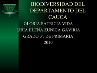 BIODIVERSIDAD DEL DEPARTAMENTO DEL CAUCA GLORIA PATRICIA VIDA LIBIA ELENA ZUÑIGA GAVIRIA GRADO 3º. DE PRIMARIA 2010