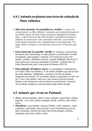 13
4.4.1 Animais ouplantascomriscos de extinção da
Mata Atlântica
 Mico-leão-dourado (Leontopithecus rosalia):A espécie vive
exclusivamente na Mata Atlântica. Justamente porconta da destruição de
seu habitat natural, há muito tempo encontra-se ameaçado de extinção.
Hoje, a sobrevivência do mico-leão-dourado é garantida por projetos e
unidades de conservação. Uma curiosidade sobreeles, é que mesmo
sendo animais pequenos, eles ocupambastante espaço das matas. Um
grupo variável de quatro a oito indivíduos precisa de 110 hectares para
viver.
 Gato-maracajá (Leopardus wiedii):As principais características
da espécie são a cauda longa, os olhos grandes e protuberantes, focinho
proeminente, patas grandes e manchas sob a forma de rosetas. São
animais solitários, de hábitos noturnos e grande habilidade arborícola. É
uma espécie que está quase ameaçada de extinção, conforme lista da
União Internacional para Conservação da Natureza (IUCN).
 Onça-pintada (Panthera onca): A onça-pintada é conhecida por
ser o maior felino das Américas. É um animal predador, que está no topo
da cadeia alimentar. Infelizmente, encontra-se na lista de animais
ameaçados de extinção. No seu habitat natural, a expectativa de vida é de
até 15 anos. São animais carnívoros, que caçam no período noturno.
Durante o dia dormem em cima de árvores ou perto de rios. Inclusive,
são excelentes nadadores e passam muito tempo dentro da água
4.5 Animais que vivem no Pantanal
 Aves: arara-azul-grande, tuiuiú, tucano, periquito, garça-branca, jaburu,
beija-flor, socó, ema, seriema, papagaio, gavião, curicaca, entre muitos
outros.
 Mamíferos: onça-pintada, capivara, lobinho, veado-campeiro, veado-
catingueiro, lobo-guará, macaco-prego, cervo-do-pantanal, porco-do-
mato, tamanduá, cachorro-do-mato, anta, bicho-preguiça, ariranha,
suçuarana, quati, tatu e muitos outros.
 