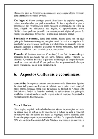 15
plantações, além de fornecer os polinizadores que os agricultores precisam
para a reprodução de suas lavouras
Caatinga: O bioma caatinga possui diversidade de espécies vegetais,
nativas ou adaptadas, que podem contribuir, de forma significativa para a
alimentação dos rebanhos, seja como pastagem ou manejadas na forma de
feno, silagem ou adicionadas nas rações. O aproveitamento desta
biodiversidade pode ser garantido e otimizado por estratégias adequadas de
manejo das chamadas forrageiras – plantas para consumo animal.
Pantanal: O Pantanal, como área úmida, possui como um de seus
principais fenômenos ecológicos, o regime anual de cheia e seca (pulsos de
inundação), que direciona a existência, a produtividade e a interação entre as
espécies aquáticas e terrestres presentes no bioma pantaneiro, bem como
mantém atividades como pecuária, pesca entre outros.
Cerrado: O Araticum (Annona Crassiflora) é um fruto do cerrado que
apresenta polpa adocicada rica em ferro, potássio, cálcio, vitamina C,
vitamina A, vitamina B1 e B2, o que torna a elaboração de um produto com
excelente valor nutricional. O que pode auxiliar na prevenção de doenças
como reumatismo, úlcera e até câncer de pele.
6. Aspectos Culturais e econômicos
Amazônia: Os aspectos culturais do Amazonas estão diretamente ligados
às raízes indígenas e nordestinas. A culinária tem o peixe como principal
prato, como a moquecacom postas de tucunaré ou de surubim. A maior festa
folclórica é o festival de Parintins, realizado no mês de junho e as principais
atividades econômicas são:extração vegetal, mineral e animal, denominados
respectivamente de extrativismo.
Mata Atlântica:
Nesta região, seguindo a derrubada da mata, vieram as plantações de cana-
de-açúcar mais ao sul na região sudeste, foi a cultura do café a principal
responsável pela destruição em massa da vegetação nativa, restando uma
área muito pequena para a preservação de espécies. Da população brasileira,
61% vive na área de domínio da Mata Atlântica, que mantém as nascentes e
 