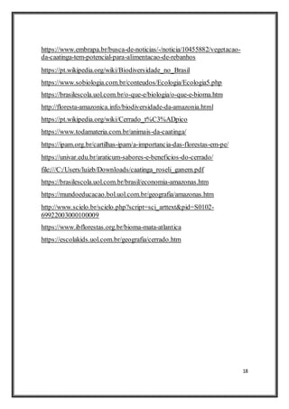 18
https://www.embrapa.br/busca-de-noticias/-/noticia/10455882/vegetacao-
da-caatinga-tem-potencial-para-alimentacao-de-rebanhos
https://pt.wikipedia.org/wiki/Biodiversidade_no_Brasil
https://www.sobiologia.com.br/conteudos/Ecologia/Ecologia5.php
https://brasilescola.uol.com.br/o-que-e/biologia/o-que-e-bioma.htm
http://floresta-amazonica.info/biodiversidade-da-amazonia.html
https://pt.wikipedia.org/wiki/Cerrado_t%C3%ADpico
https://www.todamateria.com.br/animais-da-caatinga/
https://ipam.org.br/cartilhas-ipam/a-importancia-das-florestas-em-pe/
https://univar.edu.br/araticum-sabores-e-beneficios-do-cerrado/
file:///C:/Users/luizb/Downloads/caatinga_roseli_ganem.pdf
https://brasilescola.uol.com.br/brasil/economia-amazonas.htm
https://mundoeducacao.bol.uol.com.br/geografia/amazonas.htm
http://www.scielo.br/scielo.php?script=sci_arttext&pid=S0102-
69922003000100009
https://www.ibflorestas.org.br/bioma-mata-atlantica
https://escolakids.uol.com.br/geografia/cerrado.htm
 