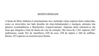 BIODIVERSIDADE
A fauna da Mata Atlântica é extremamente rica, incluindo várias espécies bem conhecidas,
como os mico-leões (ao lado desenho do mico-leãodourado) e muriquis, primatas dos
gêneros Leontopithecus e Brachyteles, respectivamente. Algumas delas tornaram-se tão
raras que integram a lista de fauna em vias de extinção. São cerca de 1.361 espécies (567
endêmicas), sendo 261 de mamíferos, 620 de aves, 220 de répteis e 260 de anfíbios.
Destas, 253 espécies só ocorrem nesse bioma.
 