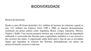 BIODIVERSIDADE
Rastros da destruição
Desde os anos 90 foram destruídos 16,1 milhões de hectares de cobertura vegetal ao
ano, 15,2 milhões nos trópicos. Entre 1990 e 2000, os maiores desmatamentos
ocorreram em países pobres como Argentina, Brasil, Congo, Indonésia, México,
Nigéria e Sudão. Essa mesma pesquisa mostrou que a principal causa da degradação
ambiental é a conversão das florestas para a agricultura, incêndios e o uso excessivo
dos recursos das matas. A organização ainda alerta para o fato de que as atividades
ilegais que degradam os recursos das florestas, principalmente nos países em
desenvolvimento, crescem a cada ano.
 