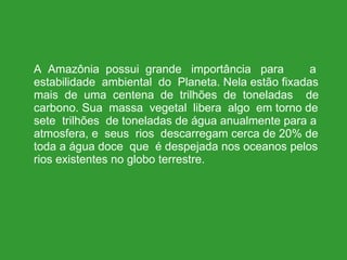 A  Amazônia  possui  grande  importância  para  a estabilidade  ambiental  do  Planeta. Nela estão fixadas mais  de  uma  centena  de  trilhões  de  toneladas  de carbono. Sua  massa  vegetal  libera  algo  em torno de sete  trilhões  de toneladas de água anualmente para a atmosfera, e  seus  rios  descarregam cerca de 20% de toda a água doce  que  é despejada nos oceanos pelos rios existentes no globo terrestre. 