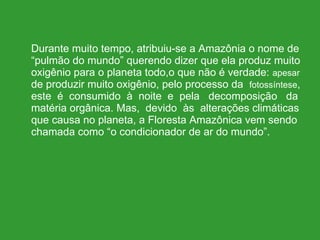   Durante muito tempo, atribuiu-se a Amazônia o nome de “pulmão do mundo” querendo dizer que ela produz muito oxigênio para o planeta todo,o que não é verdade:  apesar  de produzir muito oxigênio, pelo processo da  fotossíntese , este  é  consumido  à  noite  e  pela  decomposição  da matéria orgânica. Mas,  devido  às  alterações climáticas que causa no planeta, a Floresta Amazônica vem sendo chamada como “o condicionador de ar do mundo”. 