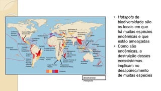 Biodiversity
Hotspots
• Hotspots de
biodiversidade são
os locais em que
há muitas espécies
endêmicas e que
estão ameaçadas
• Como são
endêmicas, a
destruição desses
ecossistemas
implicam no
desaparecimento
de muitas espécies
 