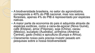  A biodiversidade brasileira, no setor da agroindústria,
corresponde a 40% do PIB nacional, mas nos setores
florestais, apenas 4% do PIB é representado por espécies
nativas.
 A maior parte da economia do pais é adquirida através de
espécies exóticas, como a cana-de-açúcar (Nova Guiné),
café (Etiópia), arroz (Filipinas), soja (China), cacau
(México), eucalipto (Austrália), pinheiros (América
Central), gado (Índia) e apicultura (Europa e África).
 Claramente nosso país precisa investir pesado em
pesquisas sobre a nossa biodiversidade
 